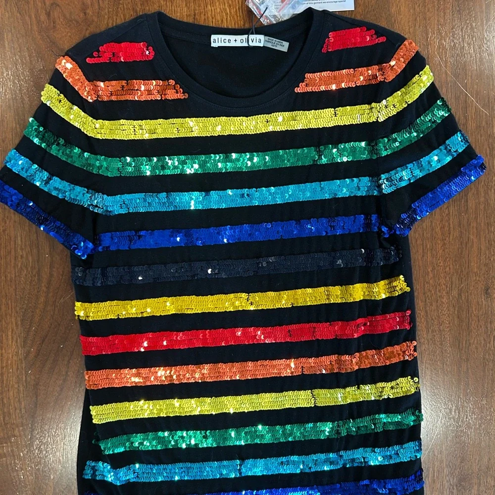Alice + Olivia Black and Blue Sequin Short Sleeve T-Shirt - Picture 3 of 6